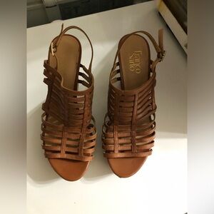 Franco Sarto cork wedge shoes, Size 9M.brown strappy leather, super sexy 4”high